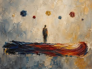 A lone figure standing on a long continuous brushstroke of paint, with small separate coloured dots floating above — an abstract oil painting.